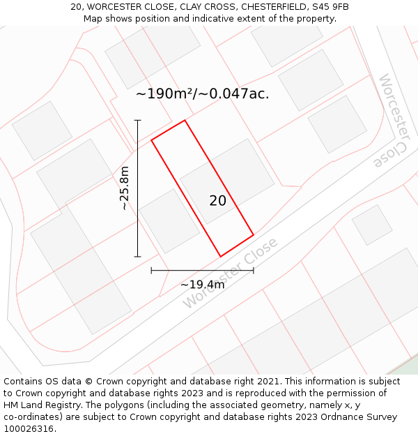 20, WORCESTER CLOSE, CLAY CROSS, CHESTERFIELD, S45 9FB: Plot and title map