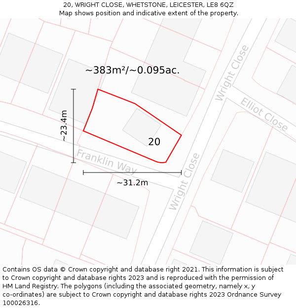 20, WRIGHT CLOSE, WHETSTONE, LEICESTER, LE8 6QZ: Plot and title map