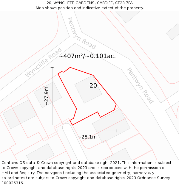 20, WYNCLIFFE GARDENS, CARDIFF, CF23 7FA: Plot and title map