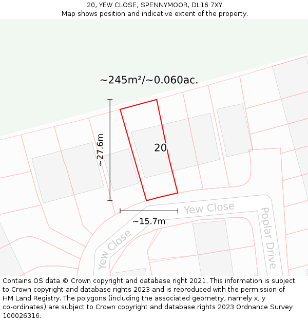 20, YEW CLOSE, SPENNYMOOR, DL16 7XY: Plot and title map