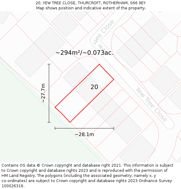 20, YEW TREE CLOSE, THURCROFT, ROTHERHAM, S66 9EY: Plot and title map