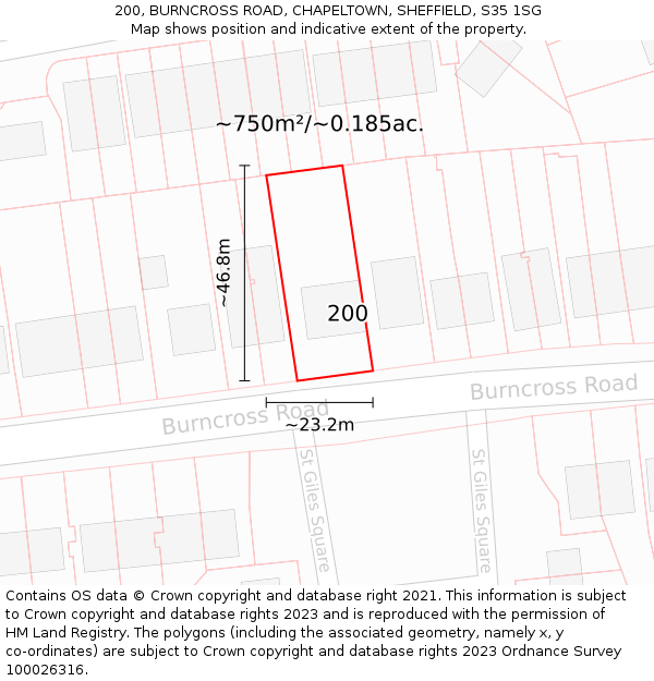 200, BURNCROSS ROAD, CHAPELTOWN, SHEFFIELD, S35 1SG: Plot and title map