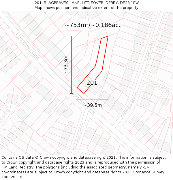 201, BLAGREAVES LANE, LITTLEOVER, DERBY, DE23 1PW: Plot and title map