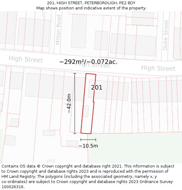 201, HIGH STREET, PETERBOROUGH, PE2 8DY: Plot and title map