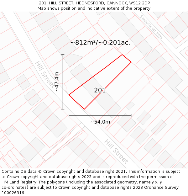 201, HILL STREET, HEDNESFORD, CANNOCK, WS12 2DP: Plot and title map
