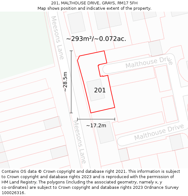 201, MALTHOUSE DRIVE, GRAYS, RM17 5FH: Plot and title map