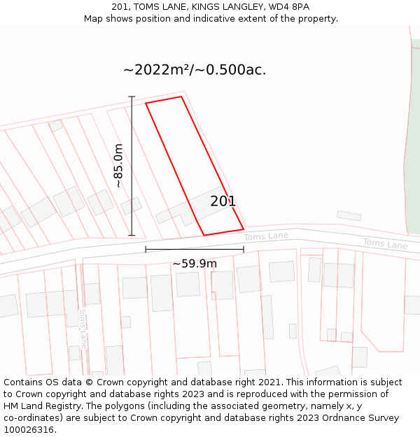 201, TOMS LANE, KINGS LANGLEY, WD4 8PA: Plot and title map