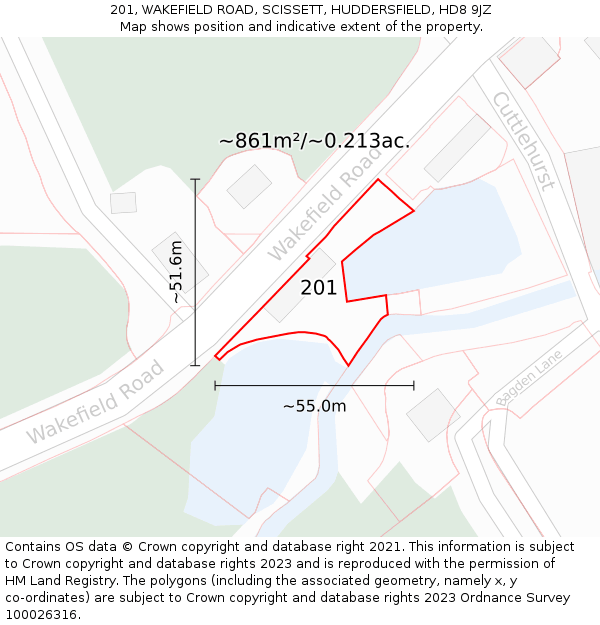 201, WAKEFIELD ROAD, SCISSETT, HUDDERSFIELD, HD8 9JZ: Plot and title map