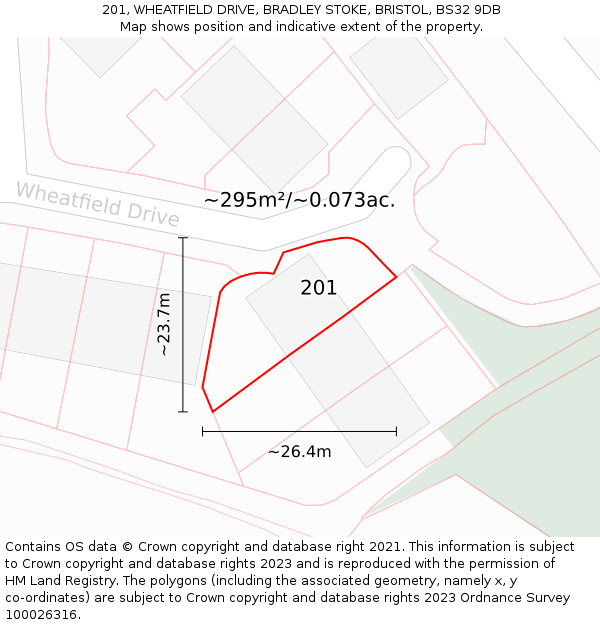 201, WHEATFIELD DRIVE, BRADLEY STOKE, BRISTOL, BS32 9DB: Plot and title map