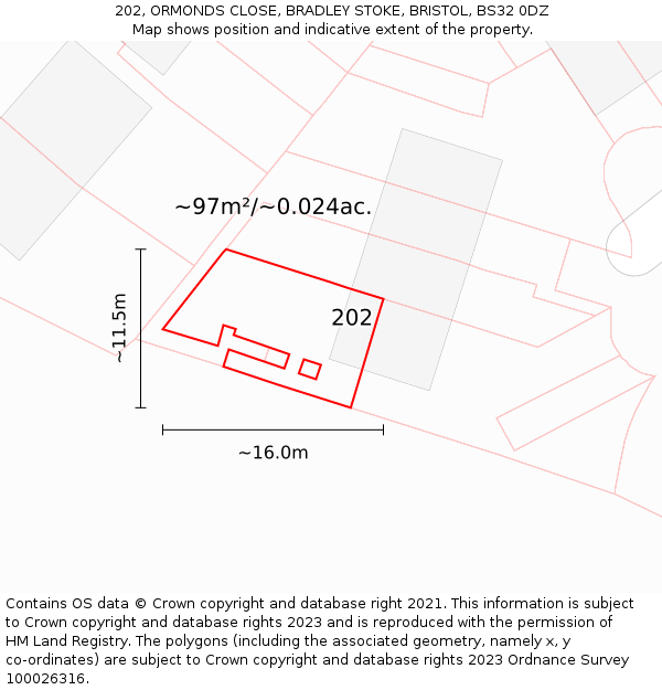 202, ORMONDS CLOSE, BRADLEY STOKE, BRISTOL, BS32 0DZ: Plot and title map