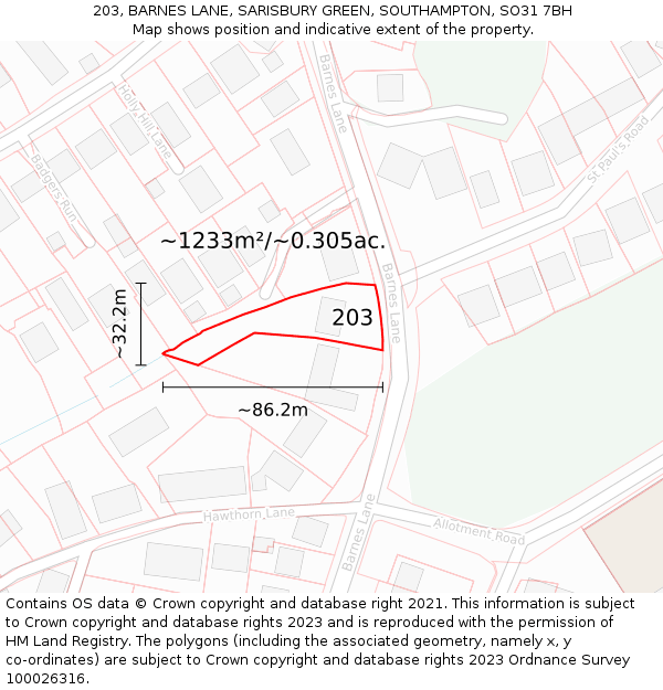 203, BARNES LANE, SARISBURY GREEN, SOUTHAMPTON, SO31 7BH: Plot and title map