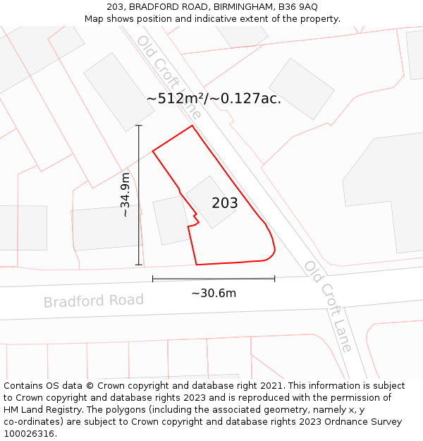 203, BRADFORD ROAD, BIRMINGHAM, B36 9AQ: Plot and title map