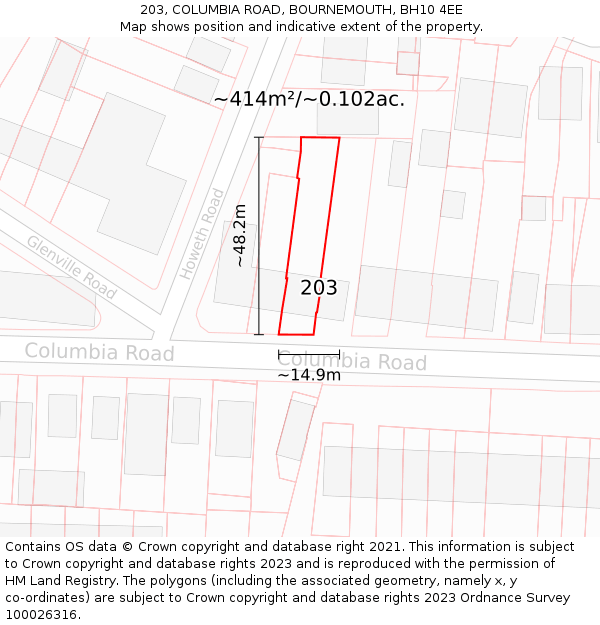 203, COLUMBIA ROAD, BOURNEMOUTH, BH10 4EE: Plot and title map