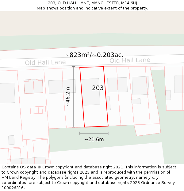 203, OLD HALL LANE, MANCHESTER, M14 6HJ: Plot and title map