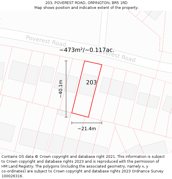 203, POVEREST ROAD, ORPINGTON, BR5 1RD: Plot and title map