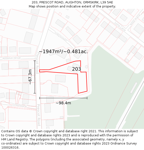 203, PRESCOT ROAD, AUGHTON, ORMSKIRK, L39 5AE: Plot and title map