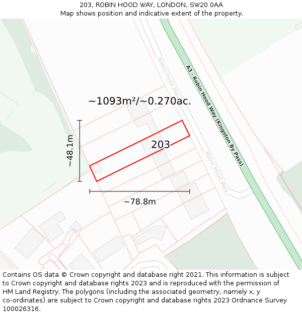 203, ROBIN HOOD WAY, LONDON, SW20 0AA: Plot and title map