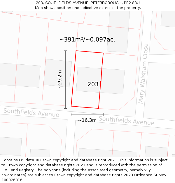 203, SOUTHFIELDS AVENUE, PETERBOROUGH, PE2 8RU: Plot and title map