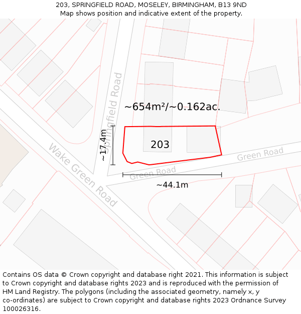 203, SPRINGFIELD ROAD, MOSELEY, BIRMINGHAM, B13 9ND: Plot and title map