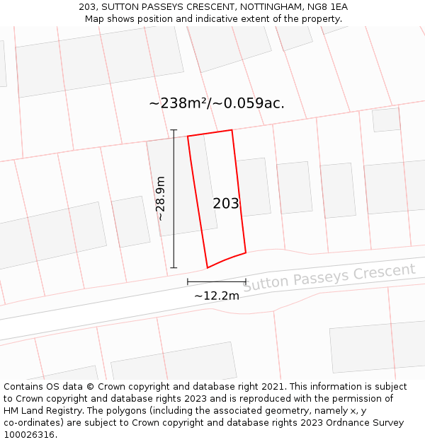 203, SUTTON PASSEYS CRESCENT, NOTTINGHAM, NG8 1EA: Plot and title map