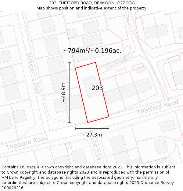 203, THETFORD ROAD, BRANDON, IP27 0DG: Plot and title map