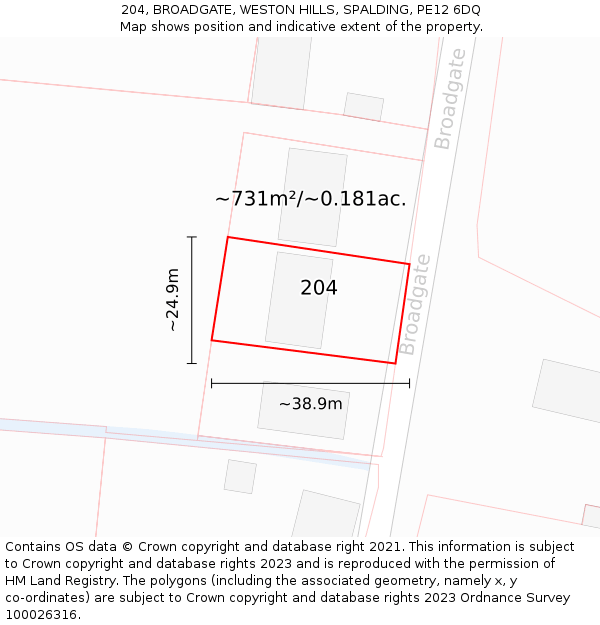 204, BROADGATE, WESTON HILLS, SPALDING, PE12 6DQ: Plot and title map