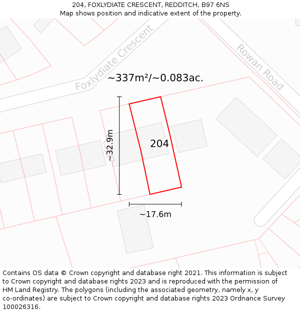 204, FOXLYDIATE CRESCENT, REDDITCH, B97 6NS: Plot and title map