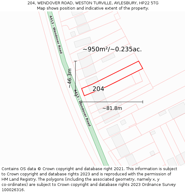 204, WENDOVER ROAD, WESTON TURVILLE, AYLESBURY, HP22 5TG: Plot and title map