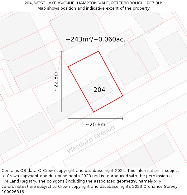 204, WEST LAKE AVENUE, HAMPTON VALE, PETERBOROUGH, PE7 8LN: Plot and title map