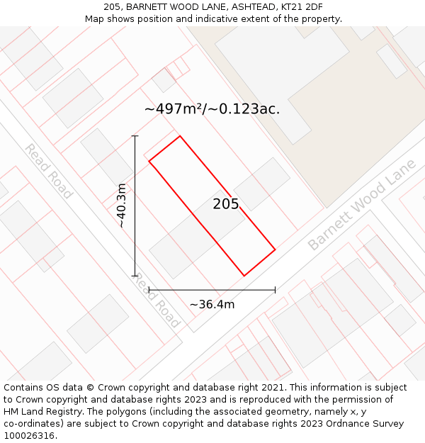 205, BARNETT WOOD LANE, ASHTEAD, KT21 2DF: Plot and title map