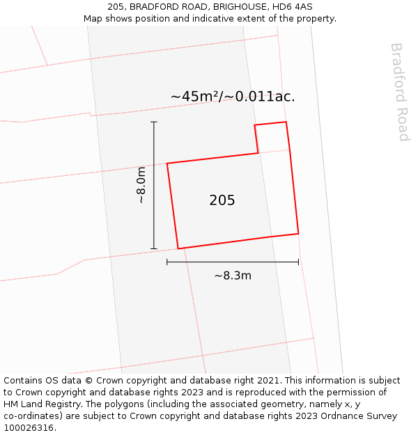 205, BRADFORD ROAD, BRIGHOUSE, HD6 4AS: Plot and title map