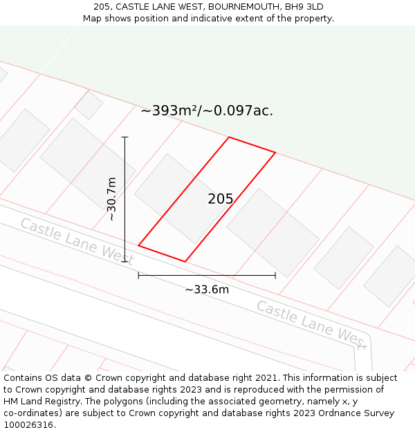 205, CASTLE LANE WEST, BOURNEMOUTH, BH9 3LD: Plot and title map