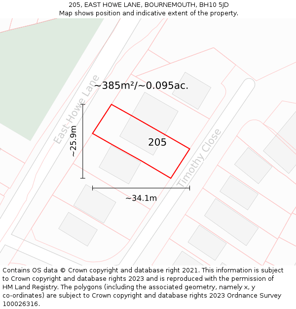205, EAST HOWE LANE, BOURNEMOUTH, BH10 5JD: Plot and title map