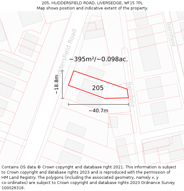 205, HUDDERSFIELD ROAD, LIVERSEDGE, WF15 7PL: Plot and title map