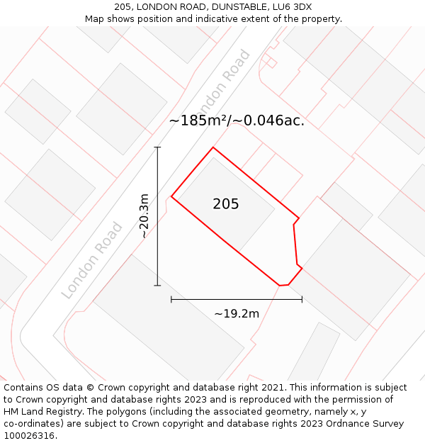 205, LONDON ROAD, DUNSTABLE, LU6 3DX: Plot and title map