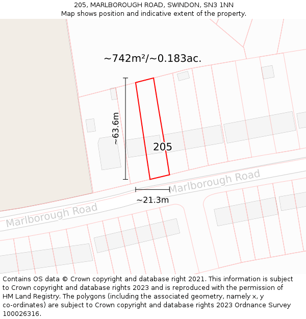 205, MARLBOROUGH ROAD, SWINDON, SN3 1NN: Plot and title map