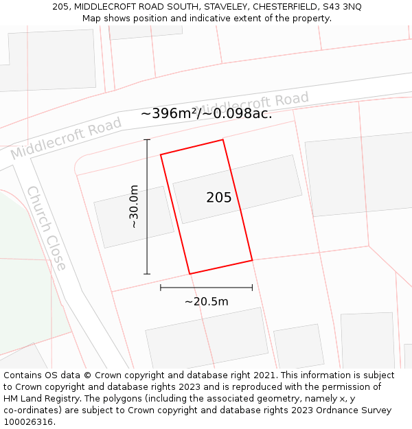 205, MIDDLECROFT ROAD SOUTH, STAVELEY, CHESTERFIELD, S43 3NQ: Plot and title map