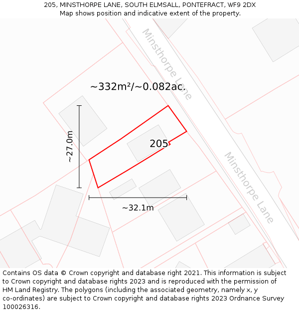 205, MINSTHORPE LANE, SOUTH ELMSALL, PONTEFRACT, WF9 2DX: Plot and title map