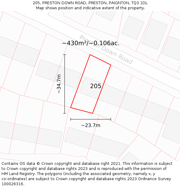 205, PRESTON DOWN ROAD, PRESTON, PAIGNTON, TQ3 1DL: Plot and title map