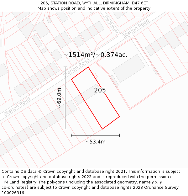 205, STATION ROAD, WYTHALL, BIRMINGHAM, B47 6ET: Plot and title map