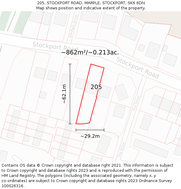 205, STOCKPORT ROAD, MARPLE, STOCKPORT, SK6 6DN: Plot and title map
