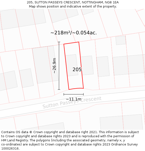205, SUTTON PASSEYS CRESCENT, NOTTINGHAM, NG8 1EA: Plot and title map