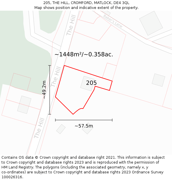 205, THE HILL, CROMFORD, MATLOCK, DE4 3QL: Plot and title map