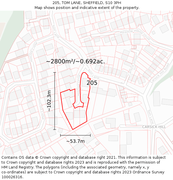 205, TOM LANE, SHEFFIELD, S10 3PH: Plot and title map