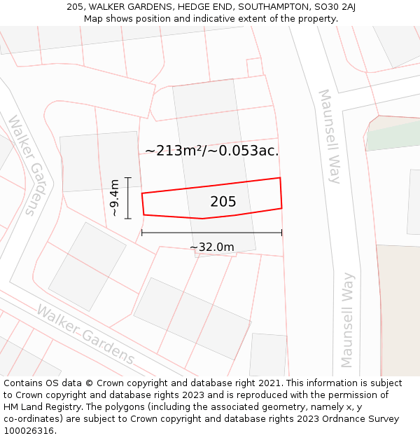 205, WALKER GARDENS, HEDGE END, SOUTHAMPTON, SO30 2AJ: Plot and title map