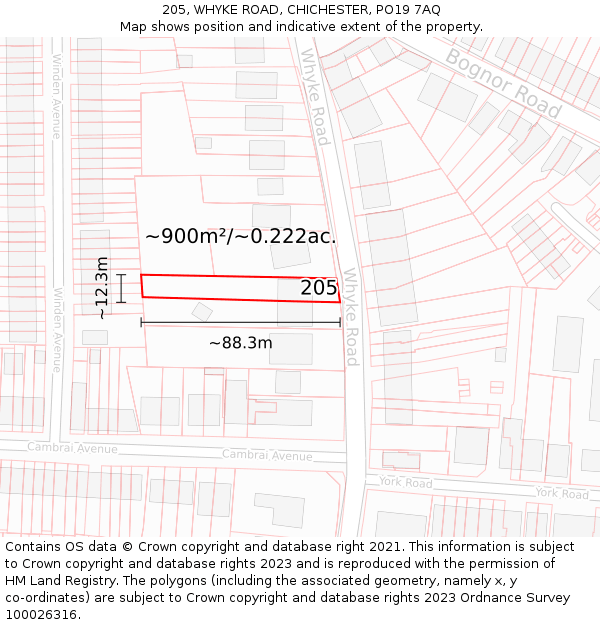 205, WHYKE ROAD, CHICHESTER, PO19 7AQ: Plot and title map
