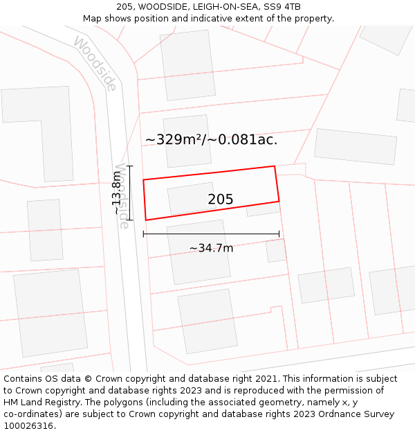 205, WOODSIDE, LEIGH-ON-SEA, SS9 4TB: Plot and title map