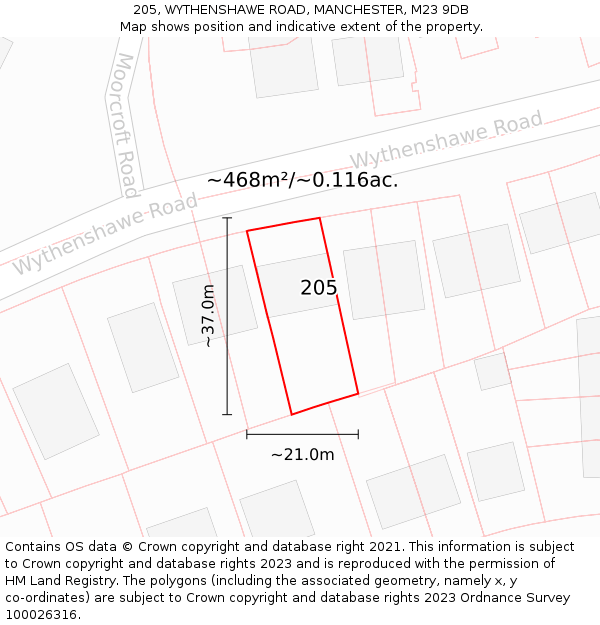 205, WYTHENSHAWE ROAD, MANCHESTER, M23 9DB: Plot and title map
