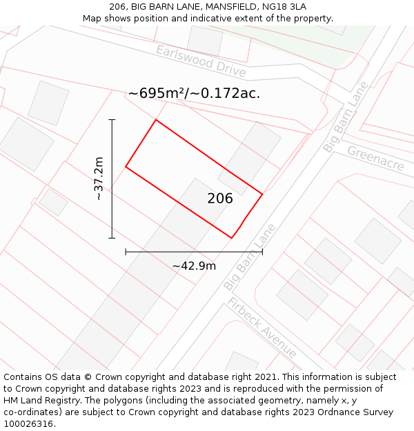 206, BIG BARN LANE, MANSFIELD, NG18 3LA: Plot and title map