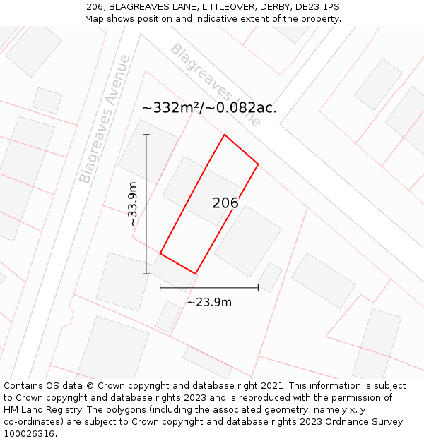 206, BLAGREAVES LANE, LITTLEOVER, DERBY, DE23 1PS: Plot and title map